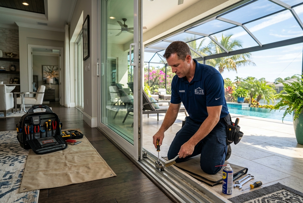 Master craftsman repairing luxury sliding patio door in Naples Florida estate